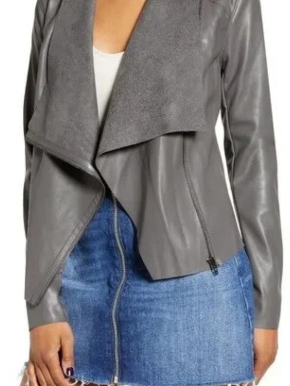 Blank NYC Grey Faux-Leather Draped Moto Jacket